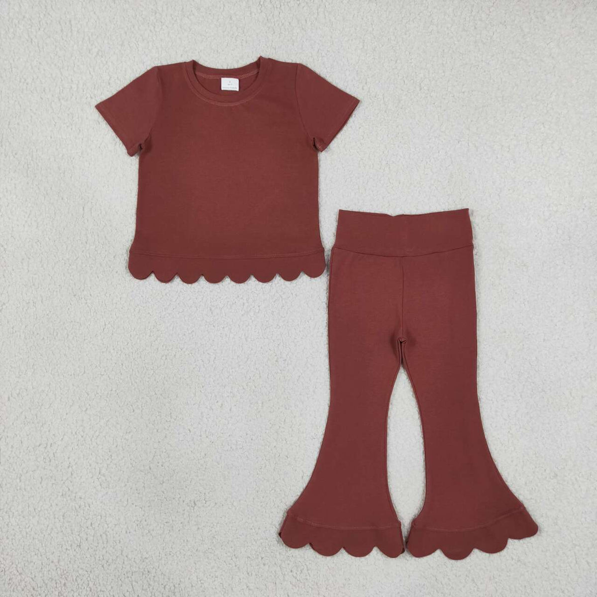 Girl brown color short sleeve scallop top matching pants wholesale outfit