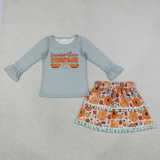 Wholesale girls fall pumpkin top matching skirt clothes
