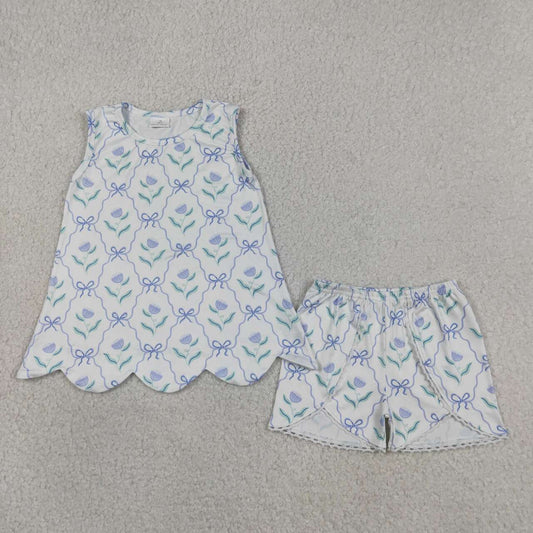Blue flowers top matching shorts girl summer outfit