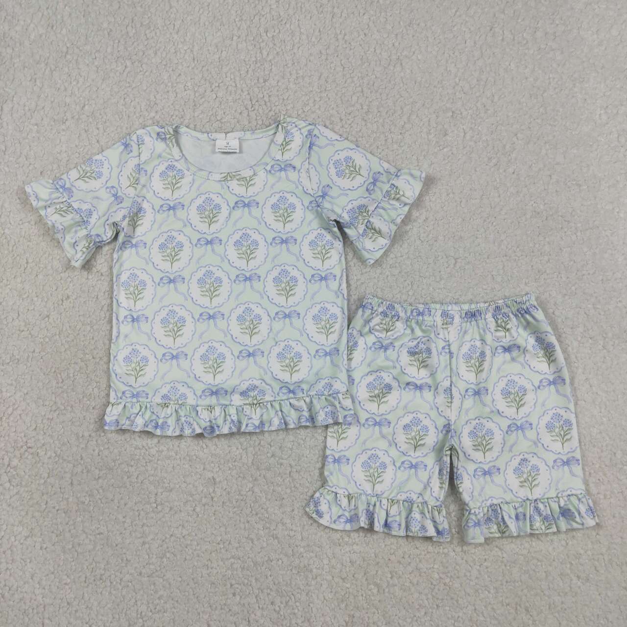 Blue bow top matching shorts girls summer outfit
