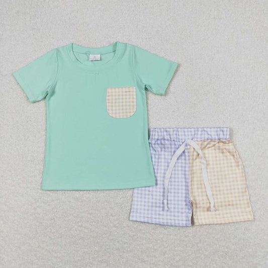 baby boy blue yellow gingham summer short outfit