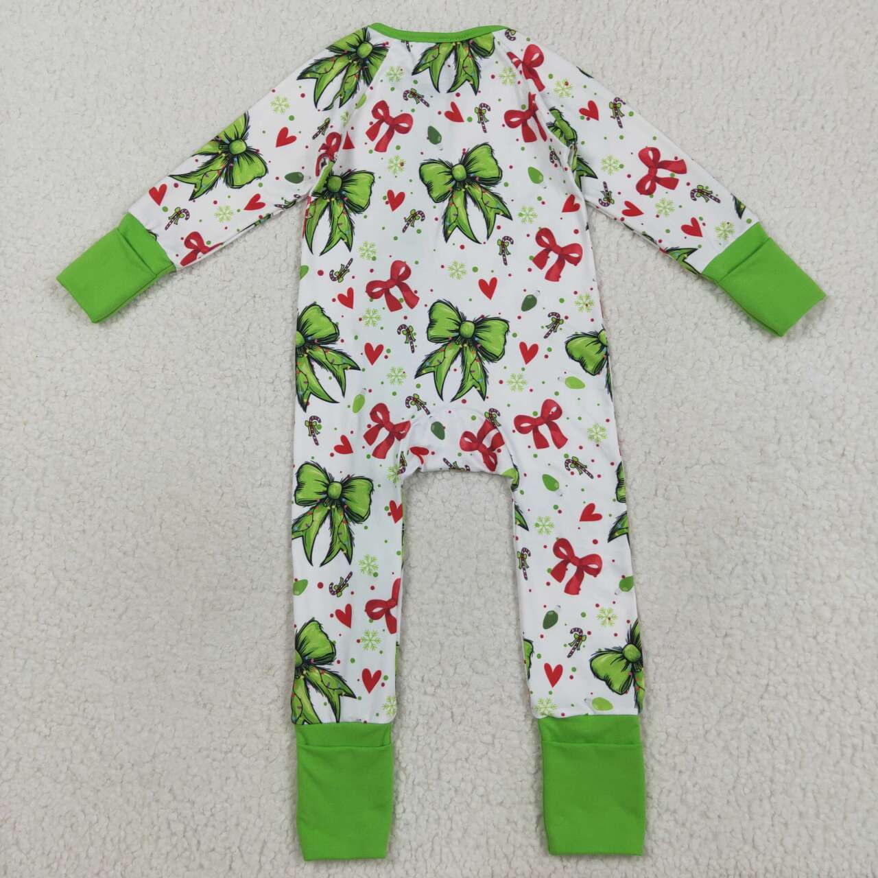 Christmas green red bow kids long sleeve romper