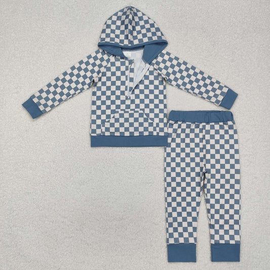 Blue Checkered Baby Boy Long Sleeve Matching Hoodie Set