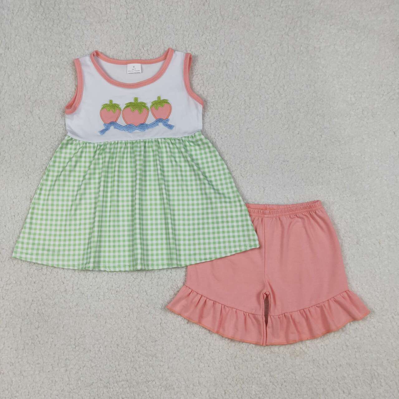 Embroidery Strawberry top matching  shorts girls summer outfit