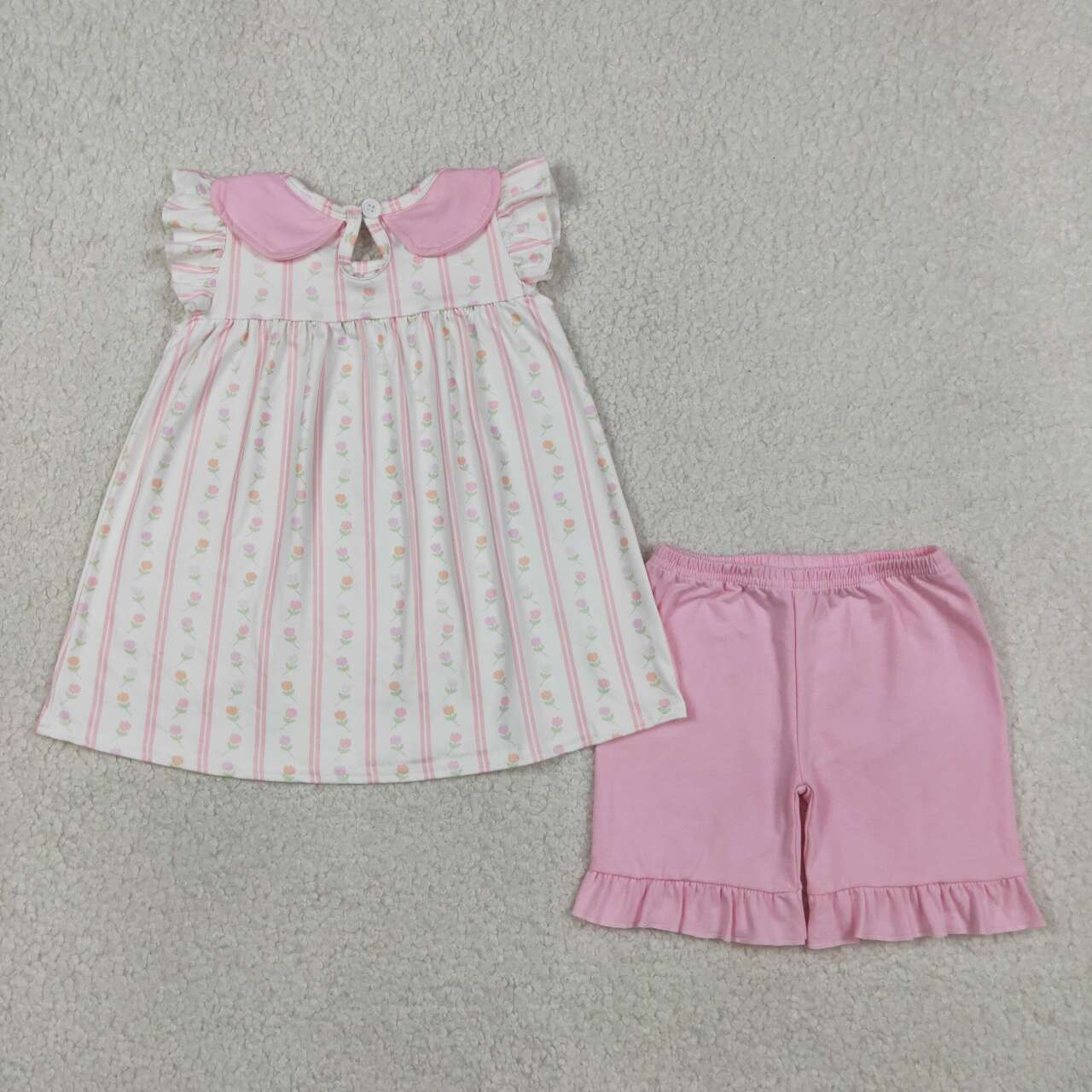 Pink flowers top matching shorts girls summer outfit