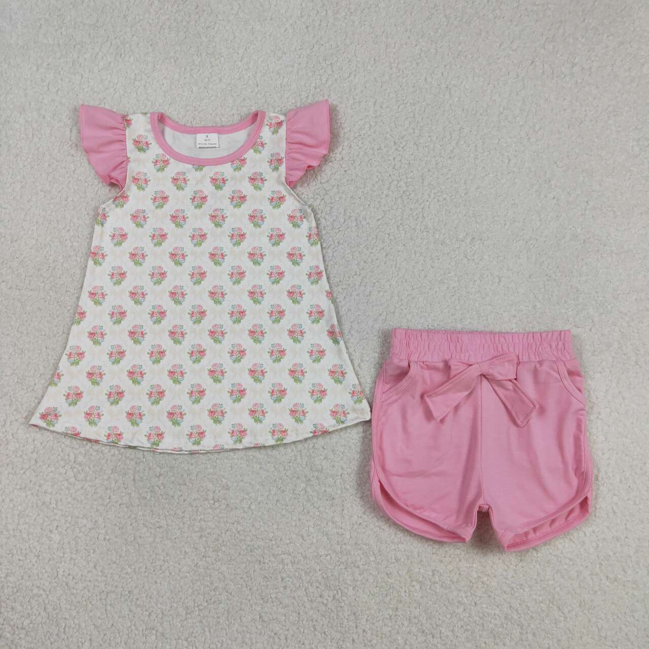 Pink Flowers design top matching shorts girls summer outfit