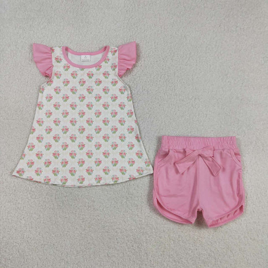 Pink Flowers design top matching shorts girls summer outfit