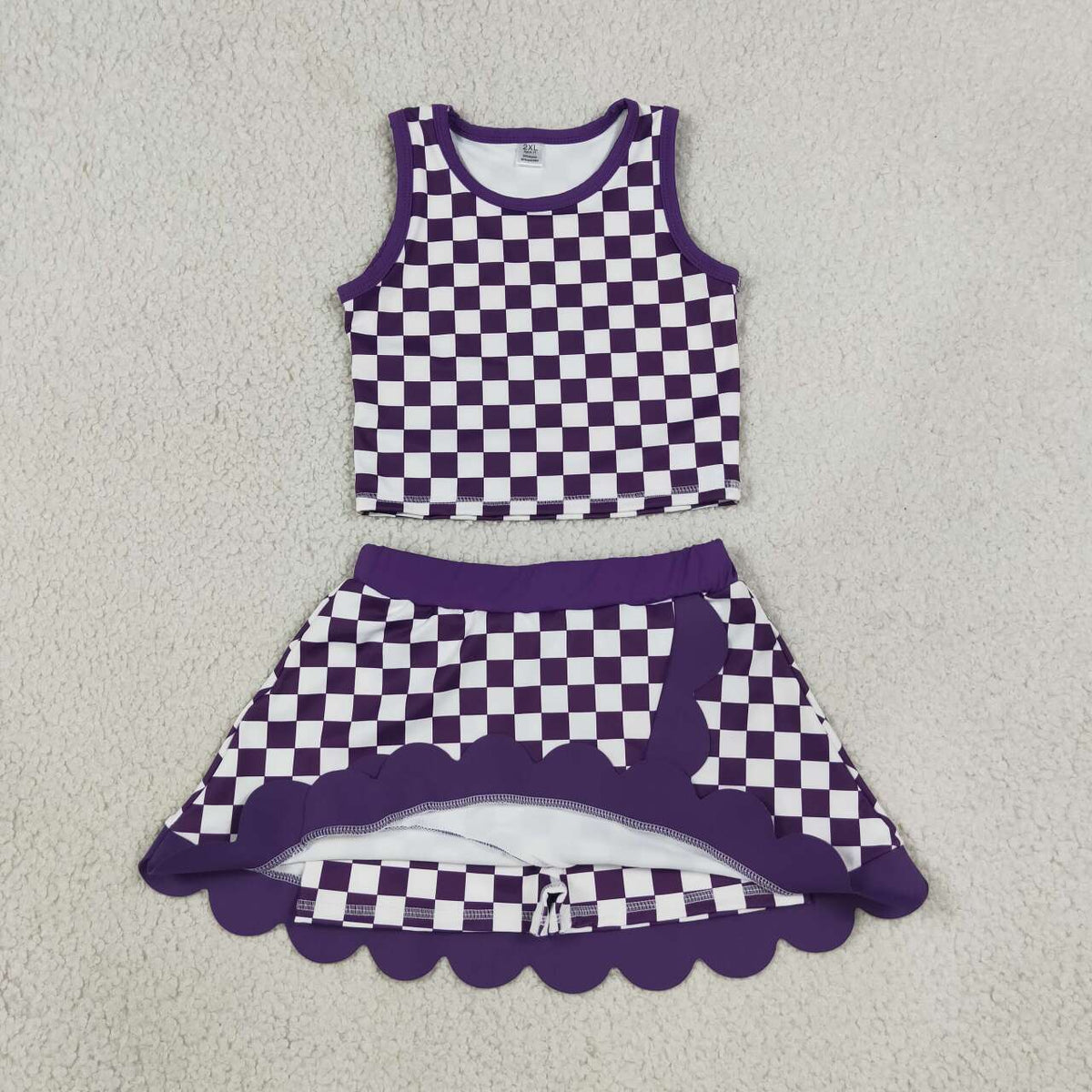 Purple plaid sleeveless yoga top matching skorts girls outfit