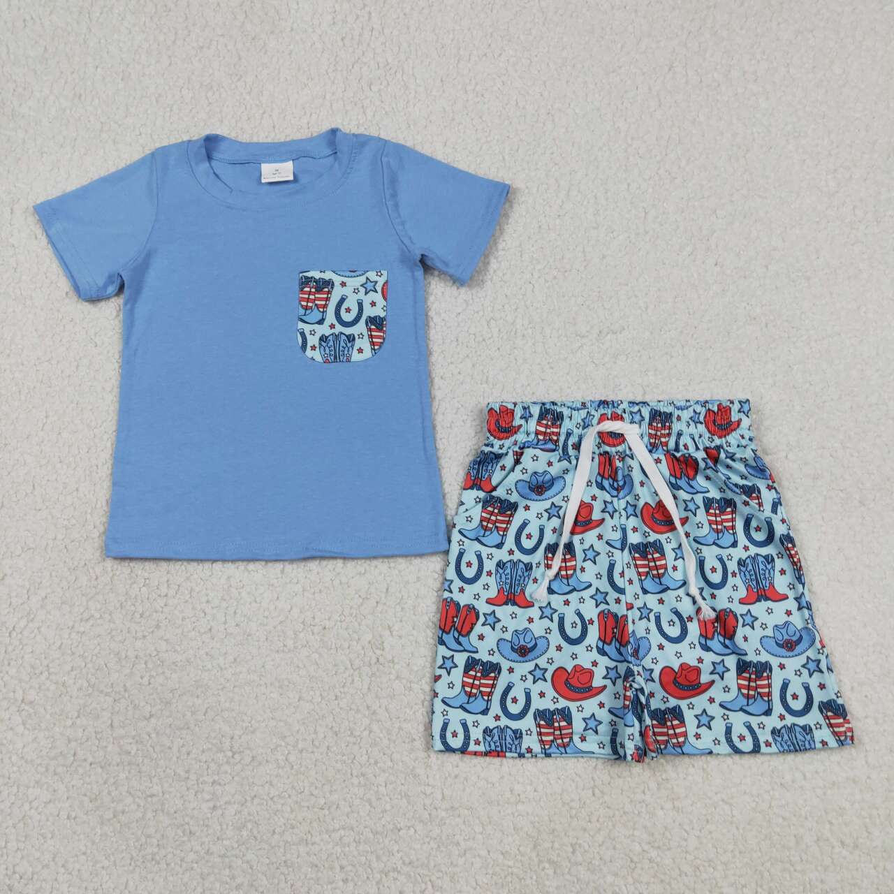 Western cowboy july 4th pocket top matching shorts boys summer outfit