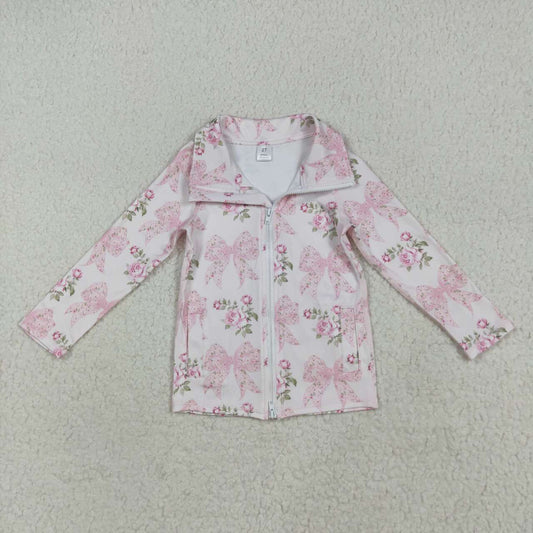 Pink bow floral girls long sleeve yoga zip shirt