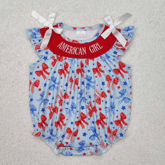 Baby girl July 4th embroidery red blue bow star romper