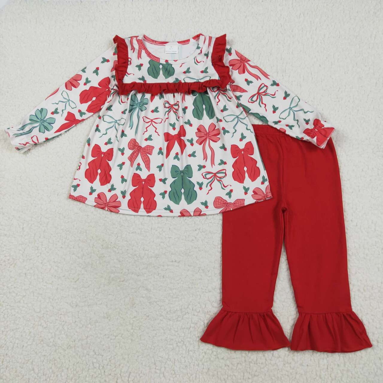 Christmas red green bow long sleeve top matching pants clothes