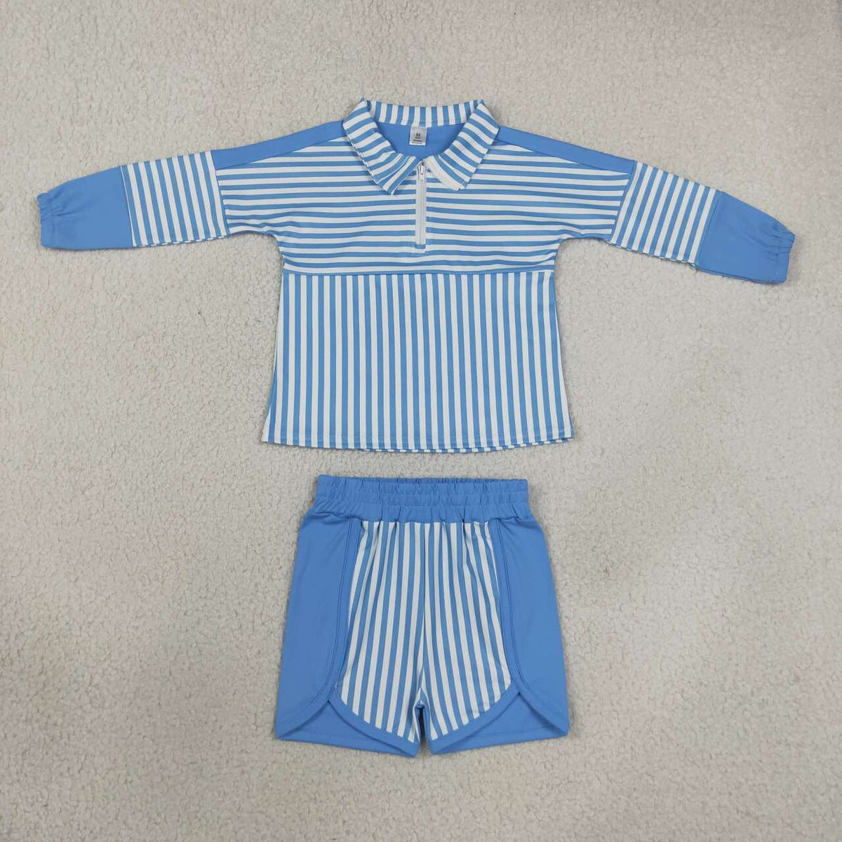 Blue long sleeve yoga pullover top matching shorts girls outfit