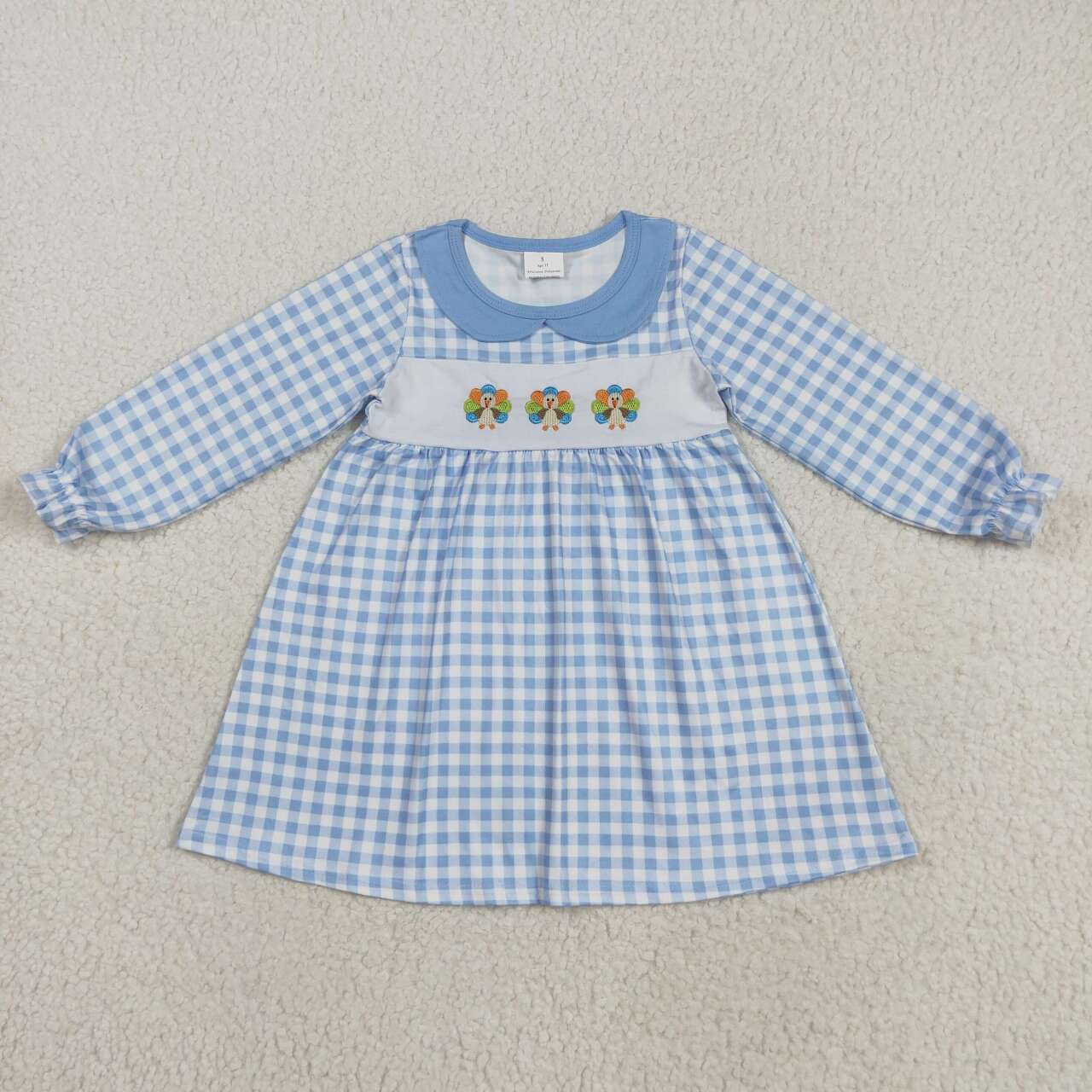 Toddle baby girls Thanksgiving turkey blue plaid long sleeve dress