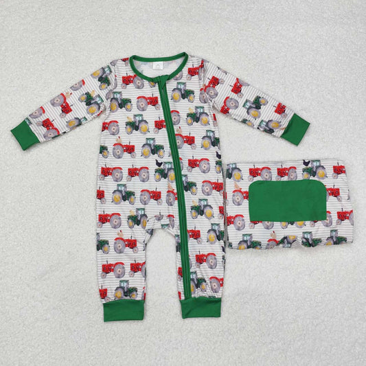 baby boy farm tractor long sleeve bamboo zip romper