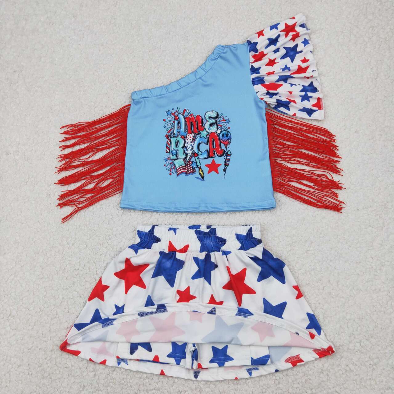 Girls American flag red blue star July 4th outfit