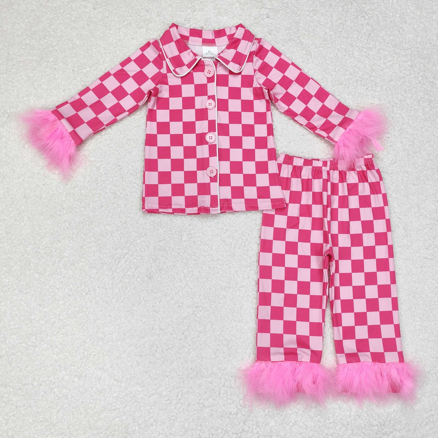 wholesale price baby girls pink checkered long sleeve pajama set