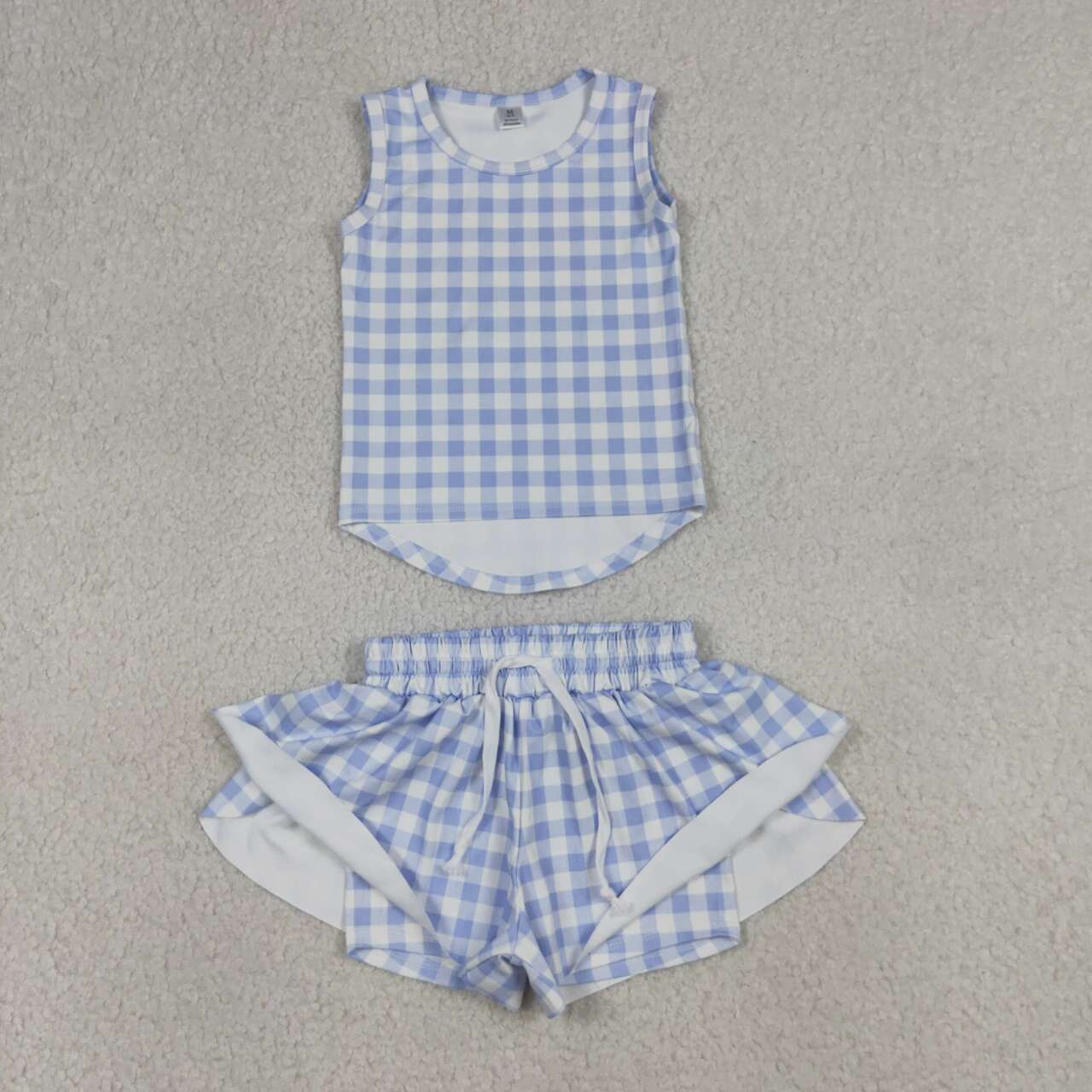 Blue plaid top matching shorts girl summer yoga outfit