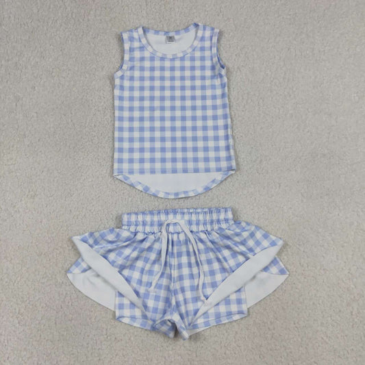 Blue plaid top matching shorts girl summer yoga outfit