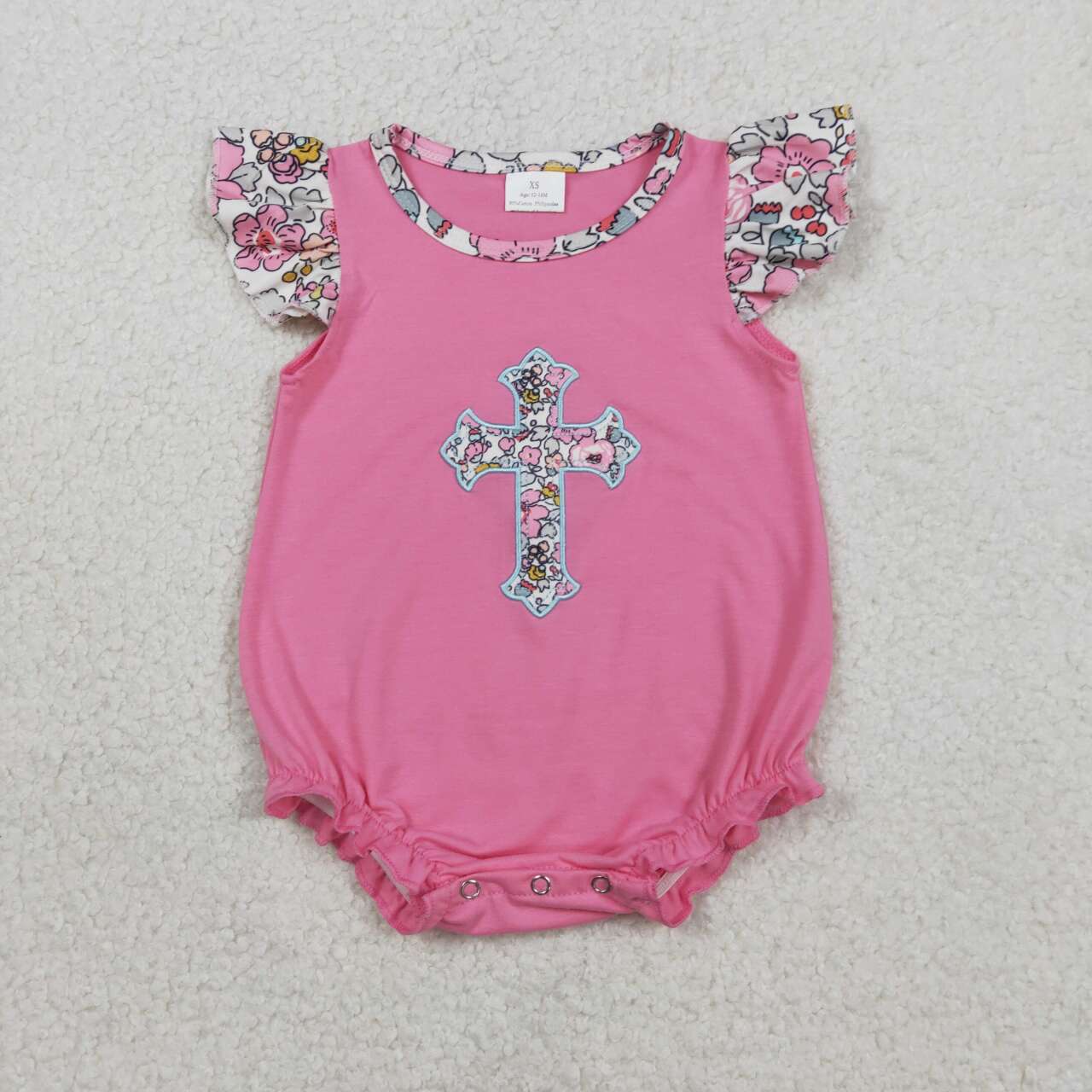 Easter embroidery floral cross design baby girl summer romper