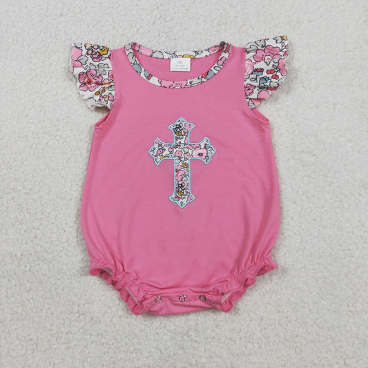 Easter embroidery floral cross design baby girl summer romper
