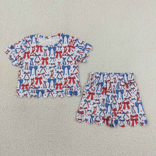 July 4th red blue bow top matching shorts girl summer clothes