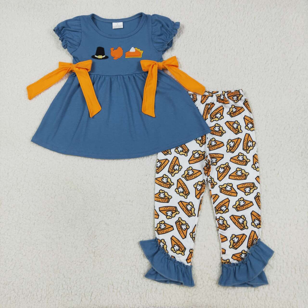 Baby girl Embroidery Thanksgiving turkey top matching pants outfit