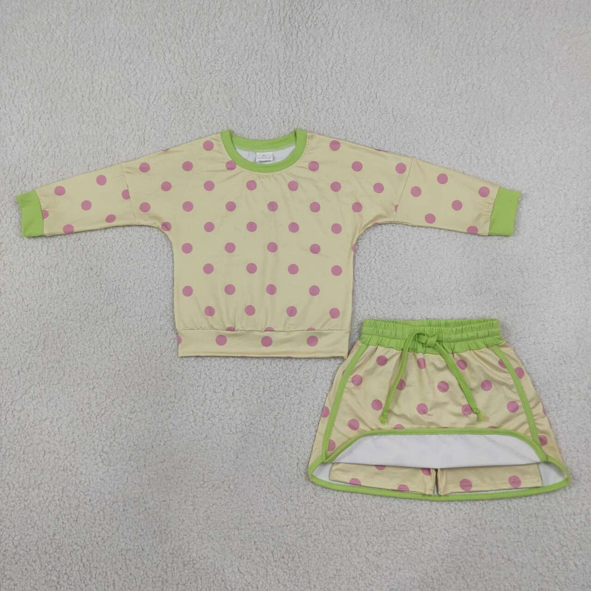 Yellow color polka dots long sleeve top matching shorts girls outfit