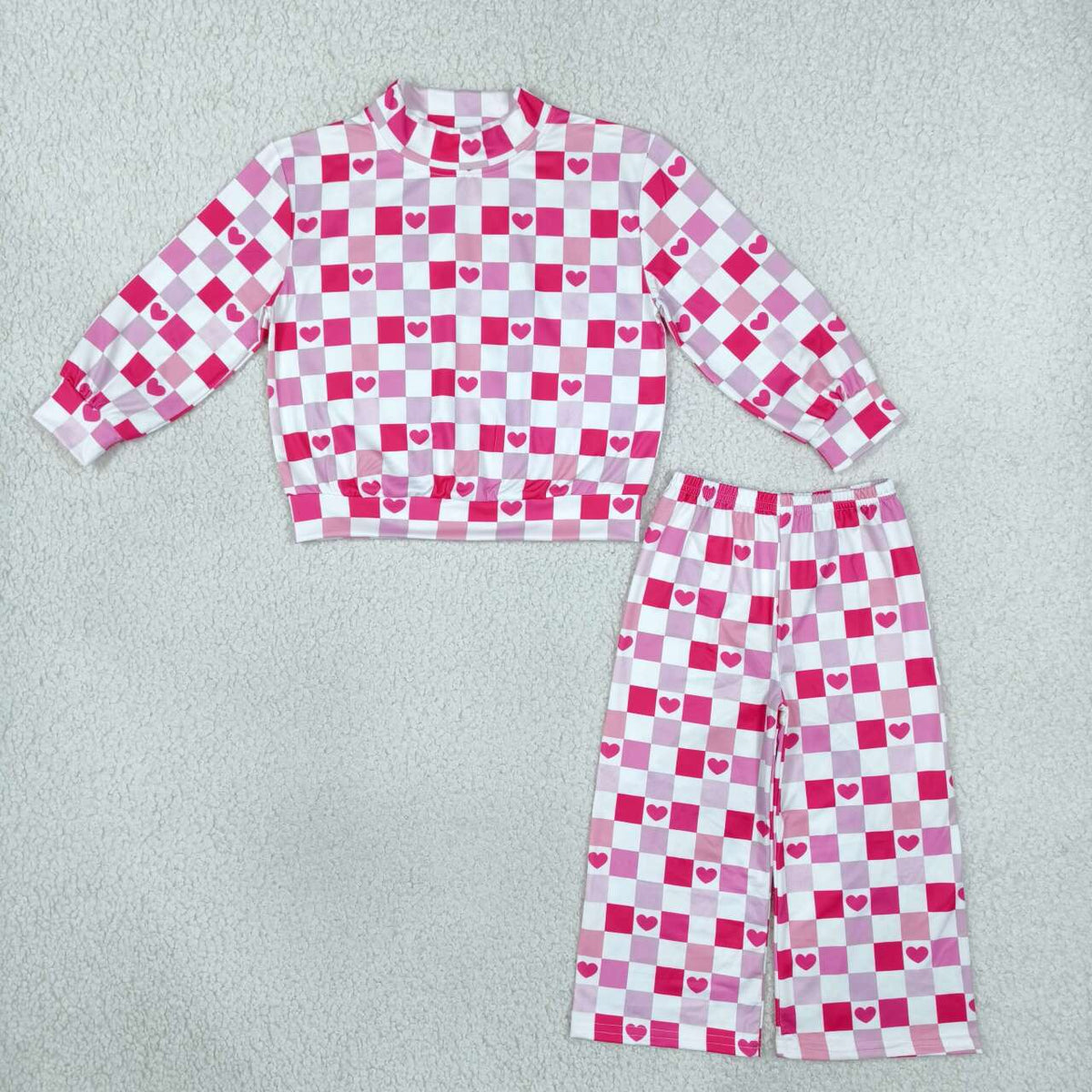 Long sleeve Valentines day heart mock neck top matching pants girls pajama set