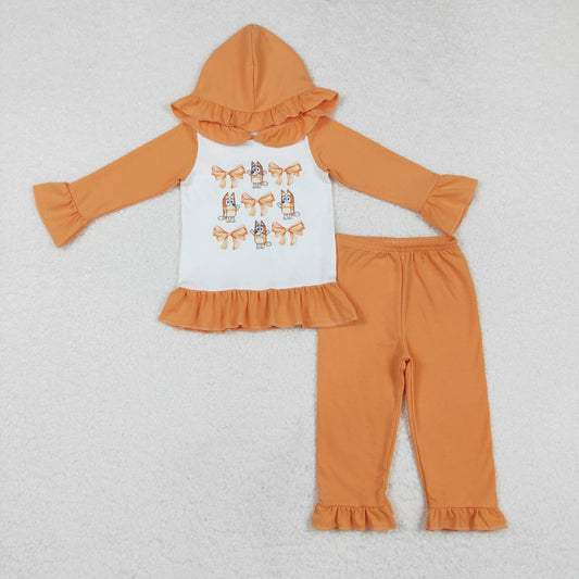 Toddle baby girls blue cartoon dog orange bow design hoodie set