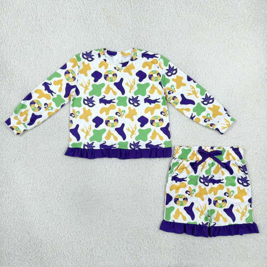 Mardi Gras long sleeve top matching shorts girls outfit