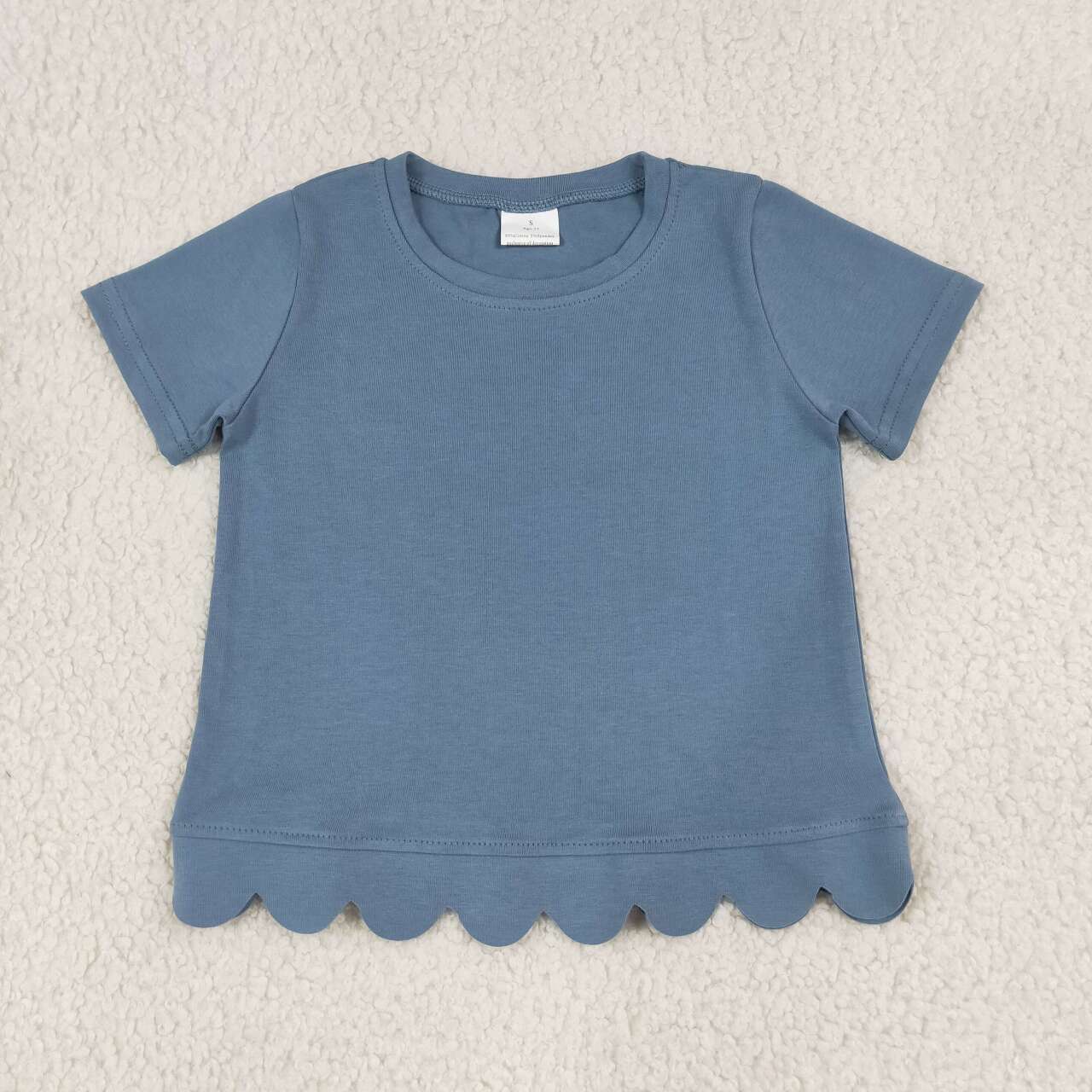 Dusty blue color kids girls short sleeve scalloped cotton top