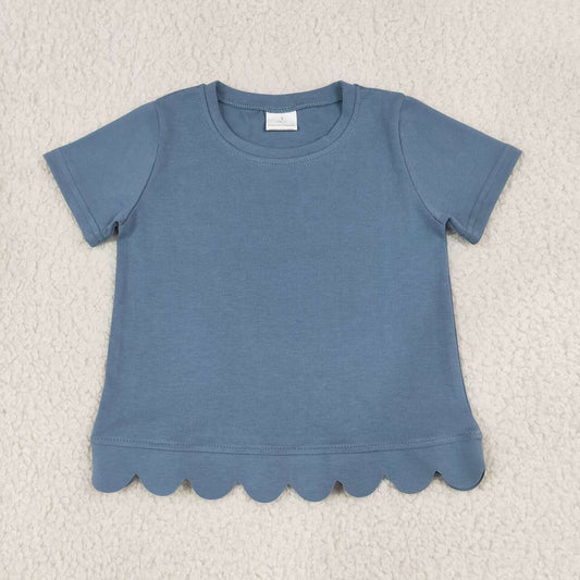 Dusty blue color kids girls short sleeve scalloped cotton top