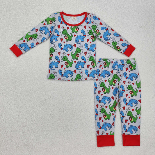 boy Valentines day heart print long sleeve dinosaur bamboo outfit