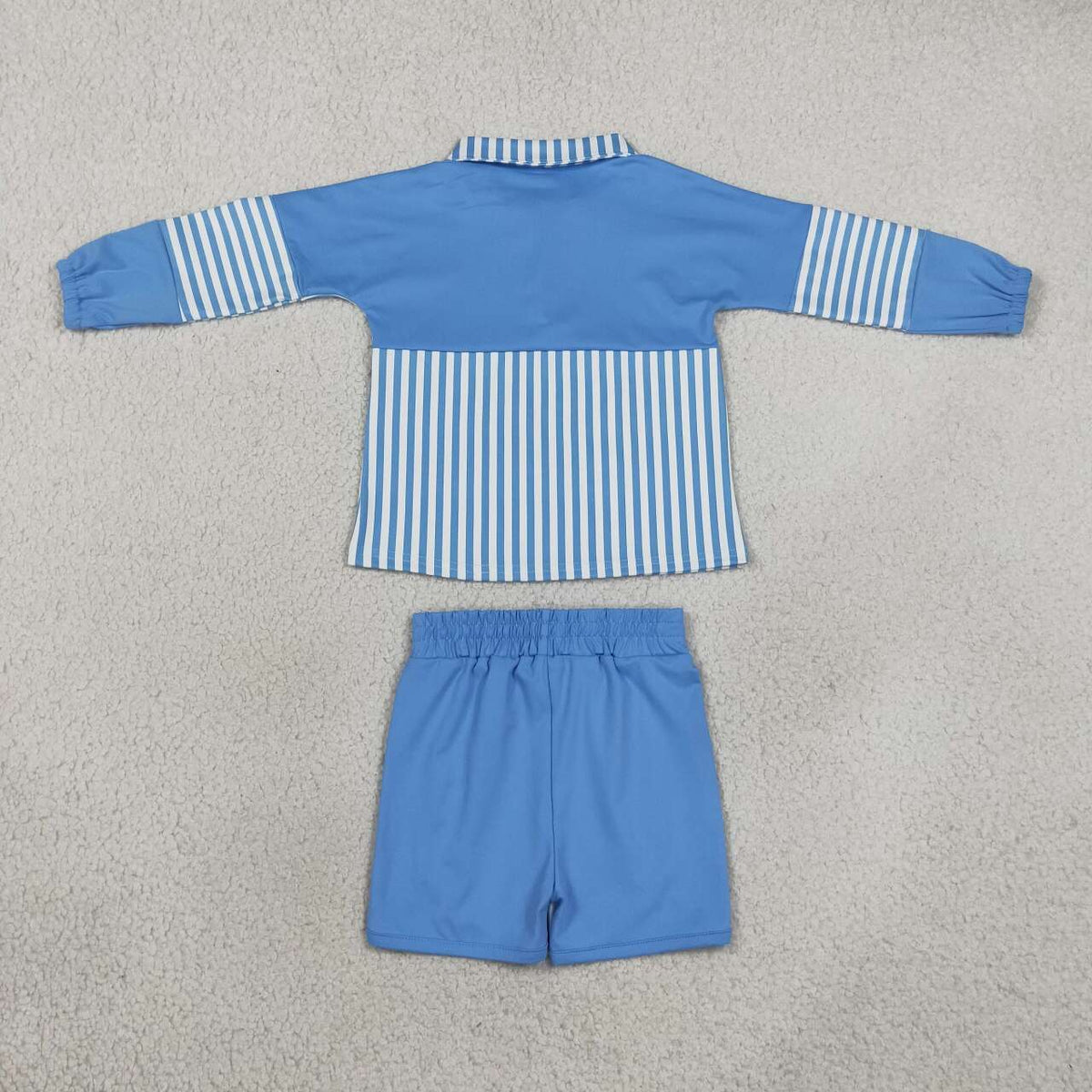 Blue long sleeve yoga pullover top matching shorts girls outfit