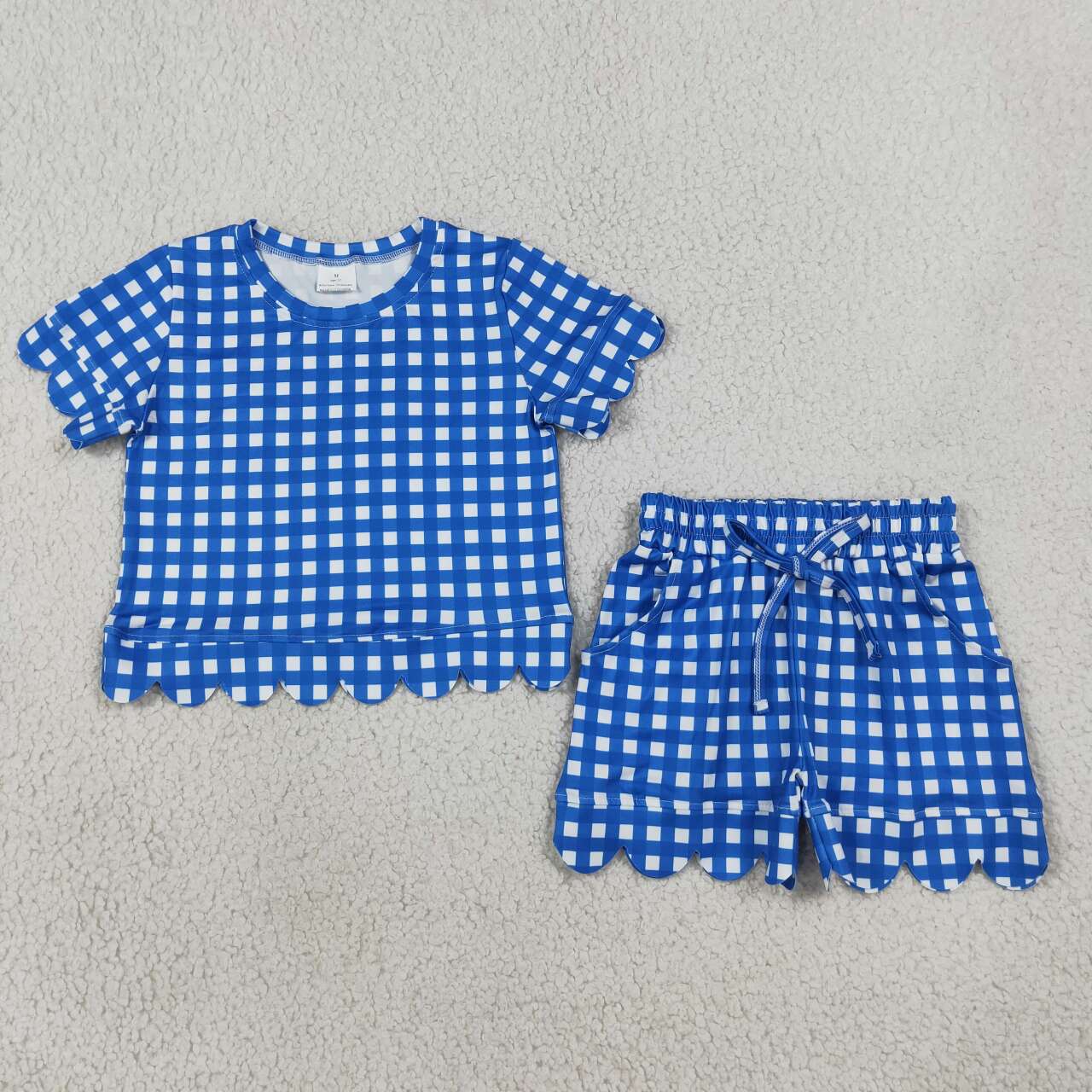 Blue plaid design top matching shorts girls summer outfit