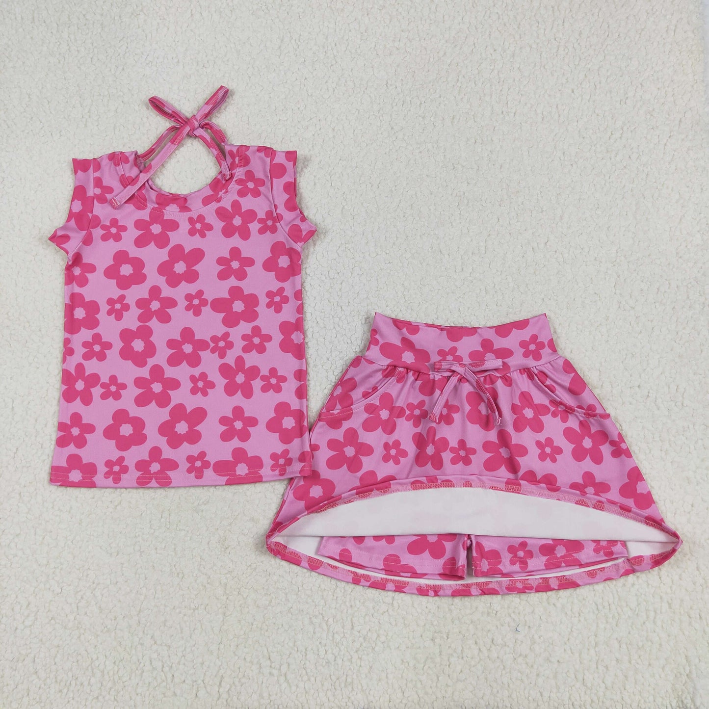 Hot pink flowers baby girls summer skirt set with shorts