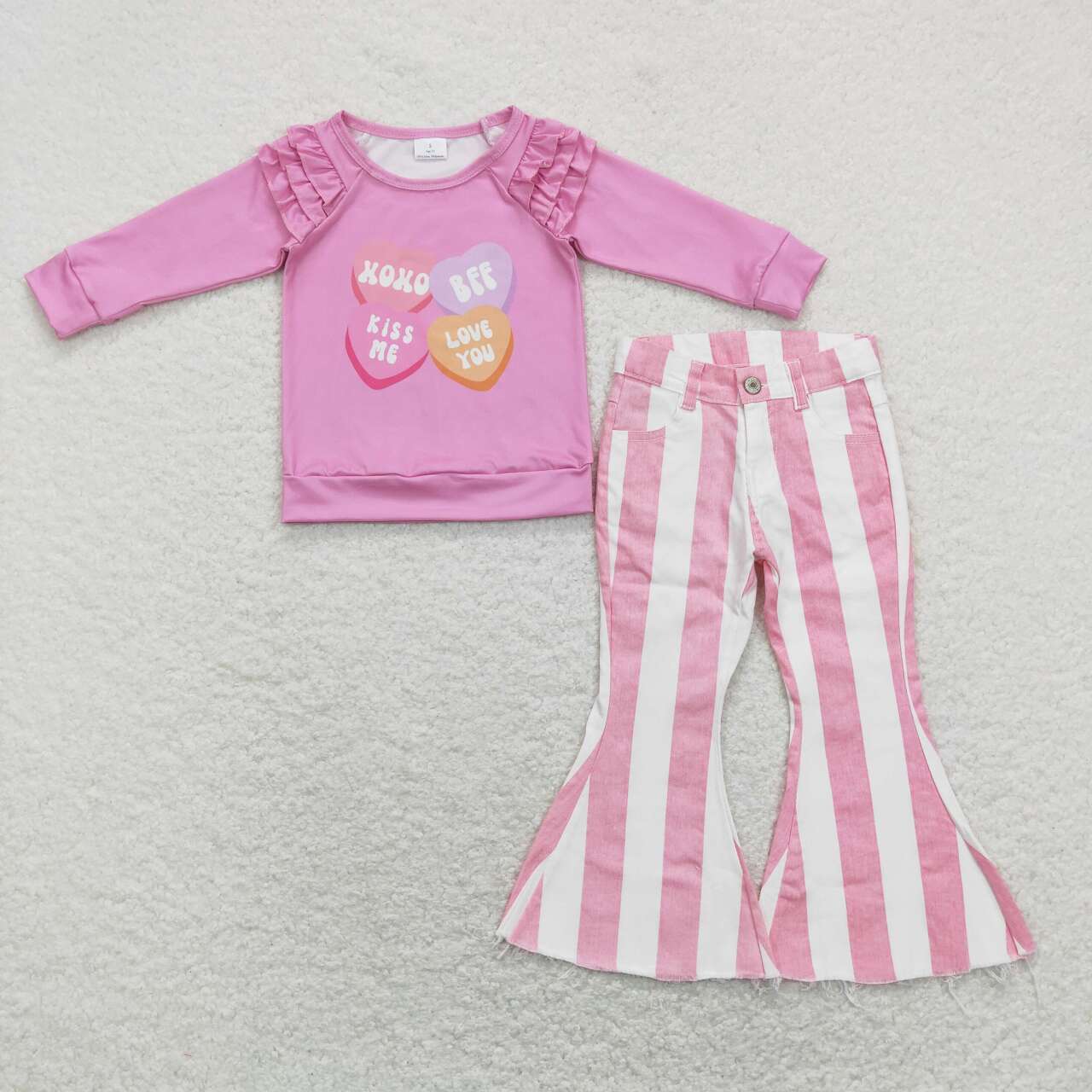 xoxo valentines day shirt pink stripes jeans bell bottoms spring fall outfit