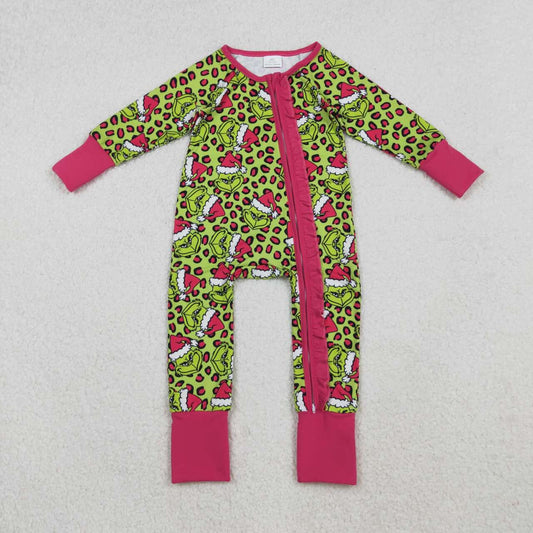 Christmas green face design girls long sleeve romper