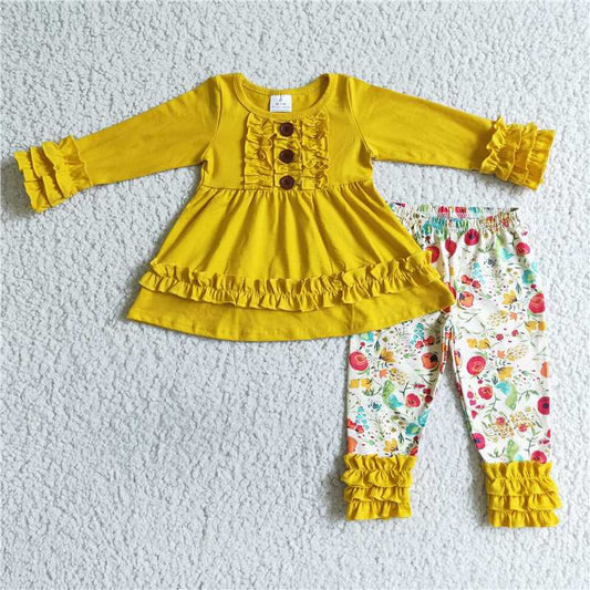 Girls yellow top floral leggings outfit