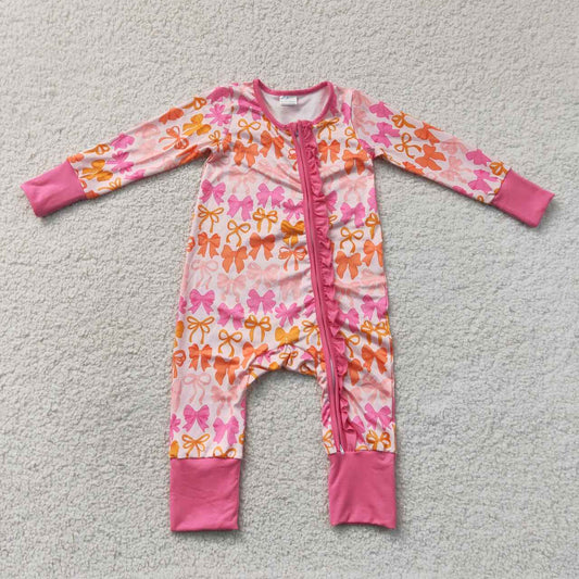 Pink orange bow toddle baby girl long sleeve zip romper