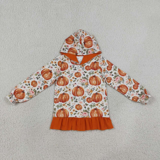 Fall pumpkin black bow print girls long sleeve hoodie top