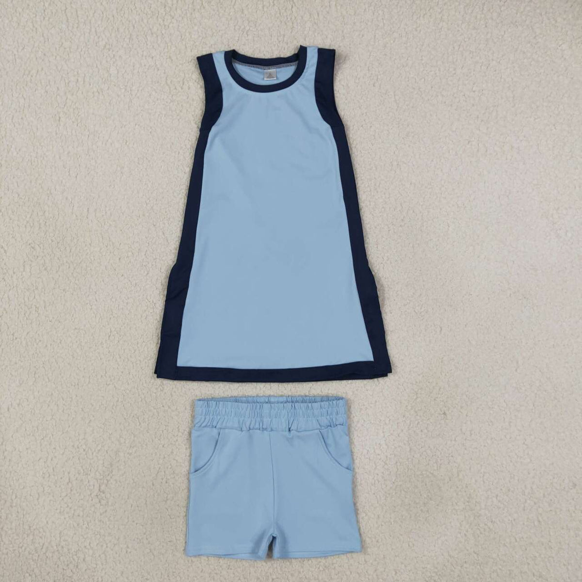 Blue sleeveless yoga pullover top matching shorts girls outfit