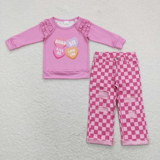 xoxo valentines day shirt pink checkered jeans bell bottoms spring fall outfit