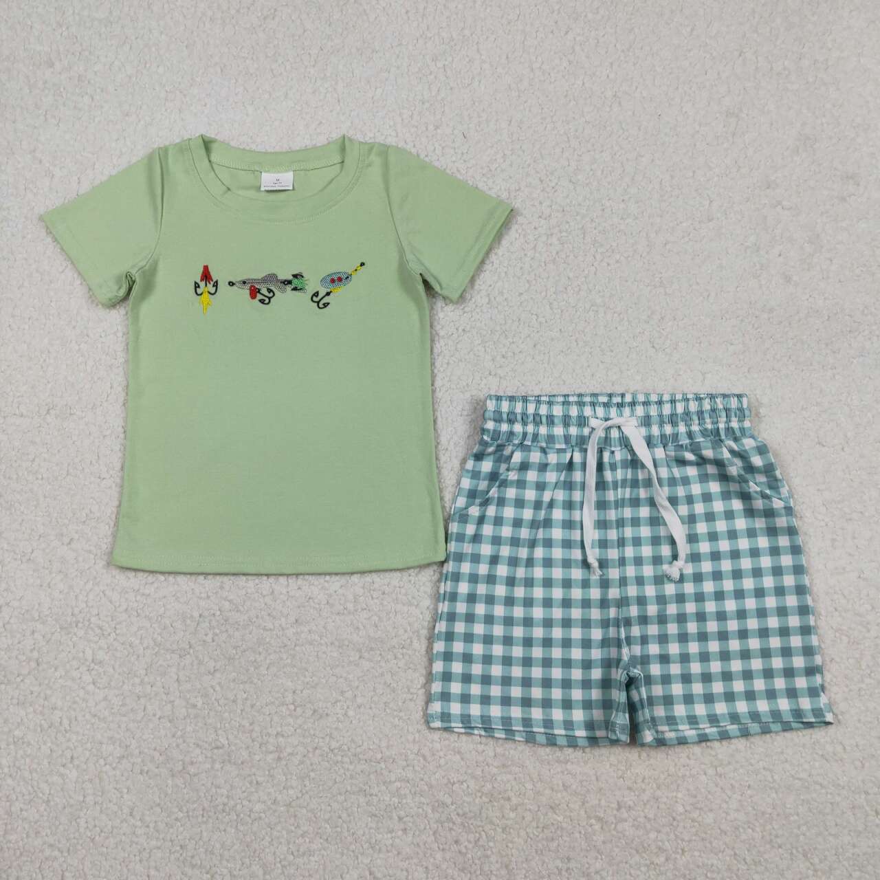 Embroidery Fishing shirt matching shorts boys outfit