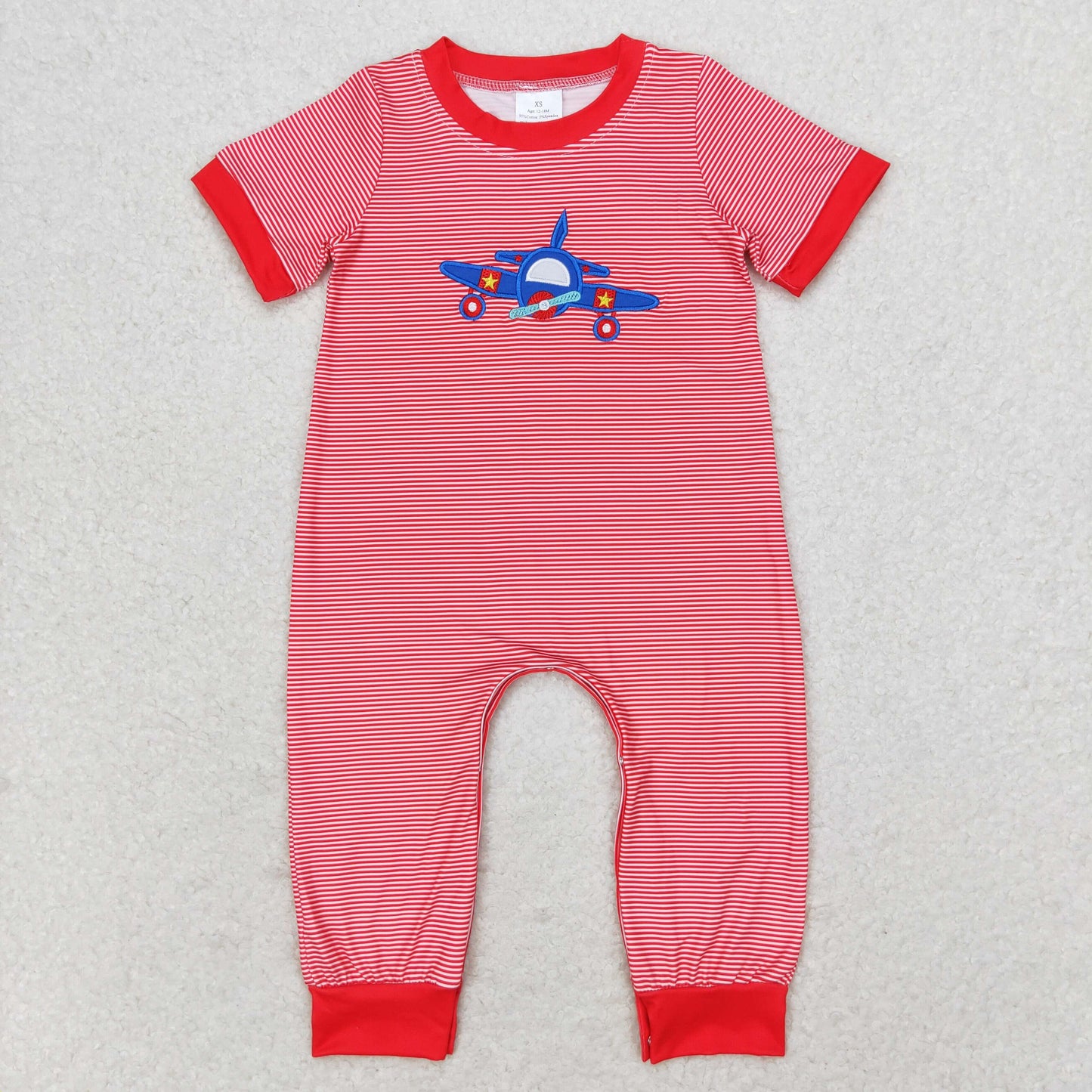 toddle baby boy red stripes embroidery plane romper