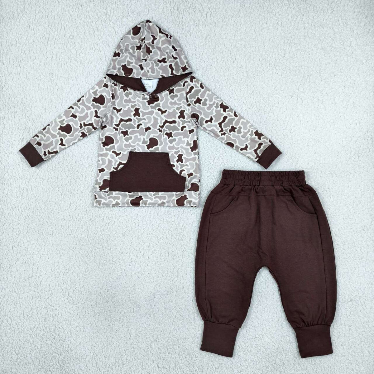 Long sleeve grey brown camo hoodie top matching pants boy outfit