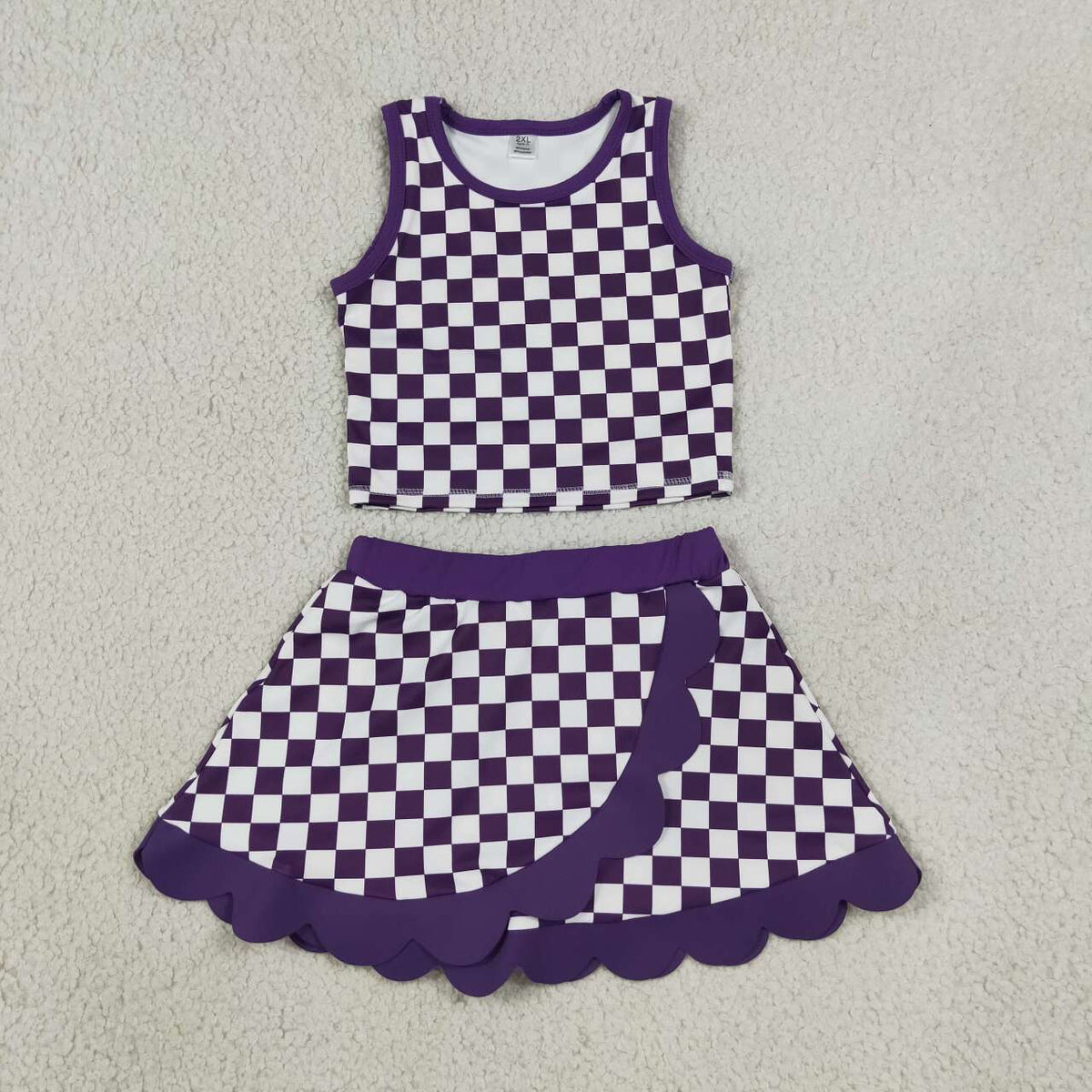Purple plaid sleeveless yoga top matching skorts girls outfit