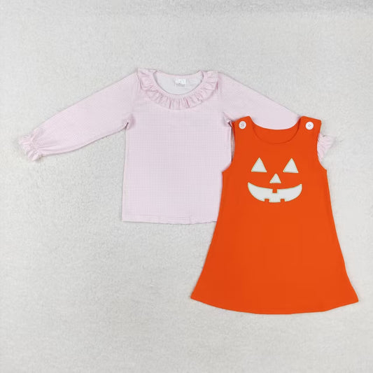 wholesale kids girls pink long sleeve top halloween embroidery pumpkin dress 2pcs clothes