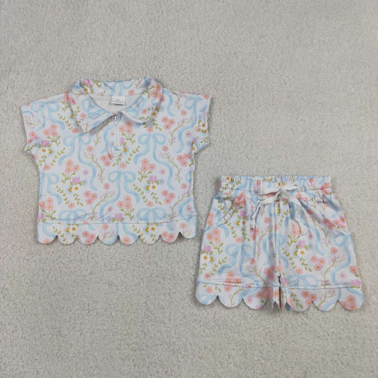 Pink flowers blue bow short sleeve pullover top matching shorts girl summer outfit